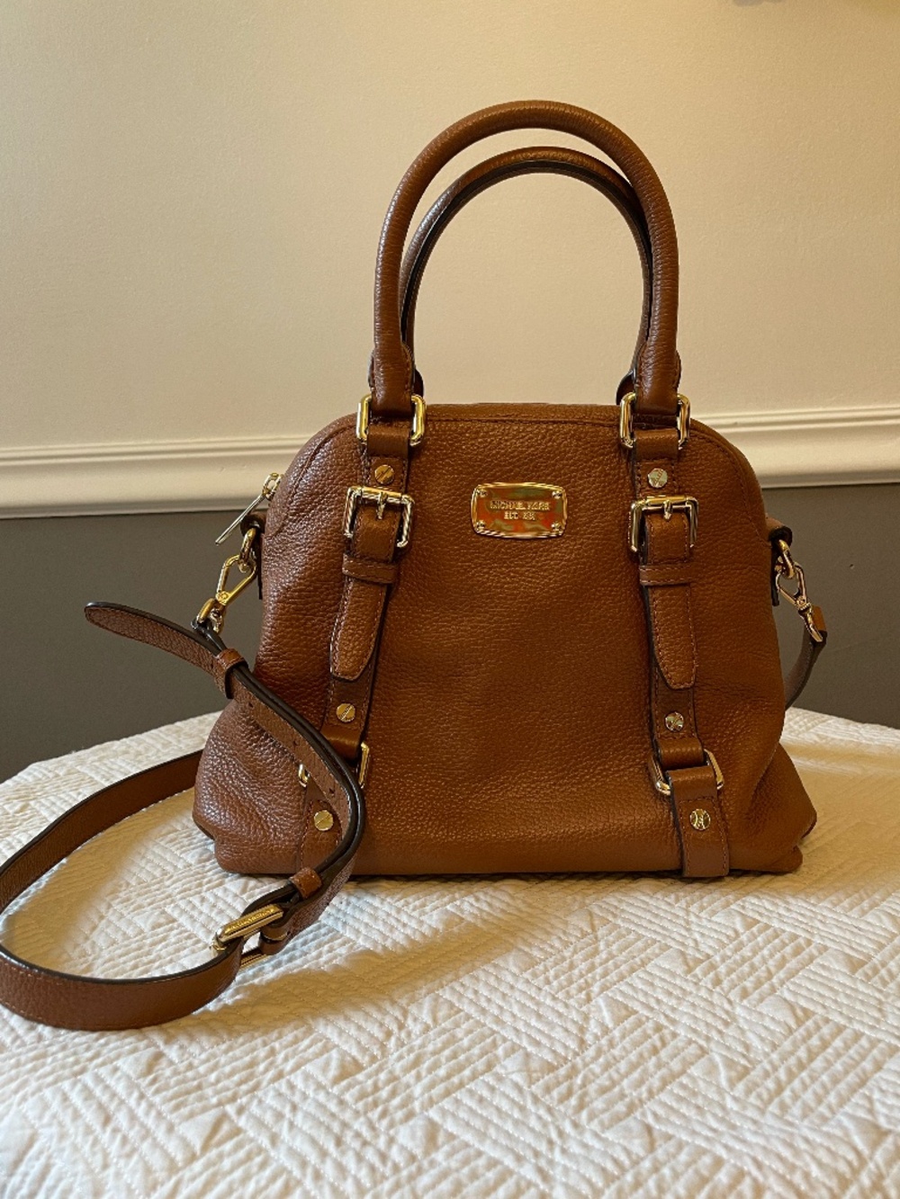Michael Kors Bedford Legacy Medium Pebbled Leather Convertible Satchel in brown